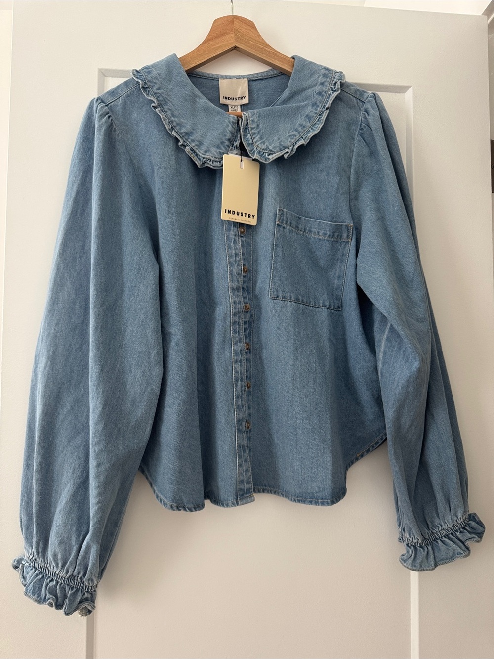 NWT! ✨ INDUSTRY Light Blue Denim Button-Down Shirt with Ruffle Collar